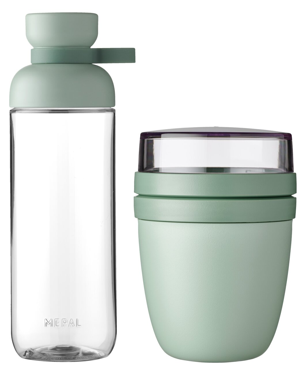 Grünes Lunchset bestehend aus einer Trinkflasche und einem Behälter, seitliche Ansicht