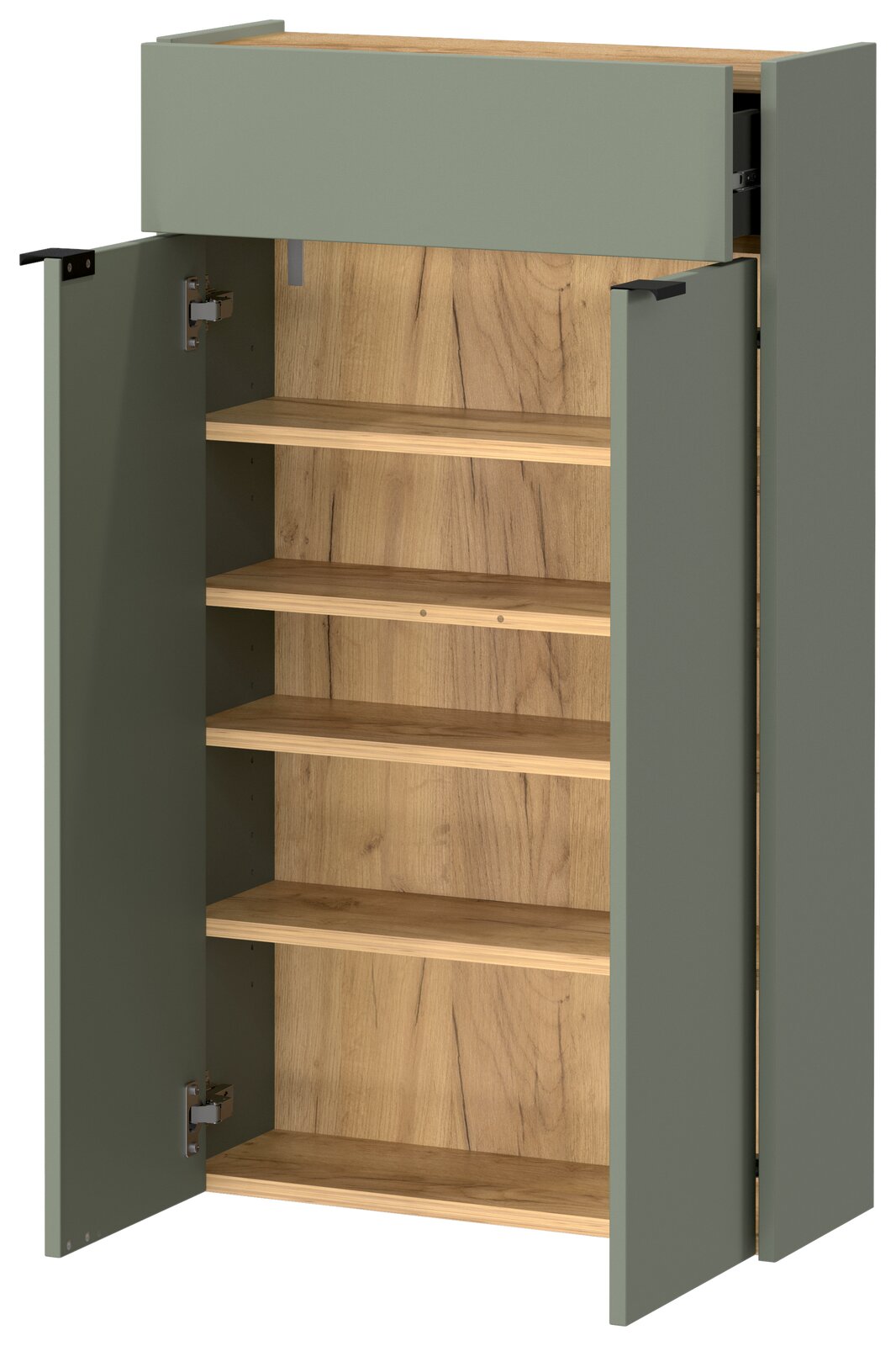 Hängeschuhschrank mit offenen Türen, zeigt mehrere Regalböden aus Holz, Perspektive von vorne