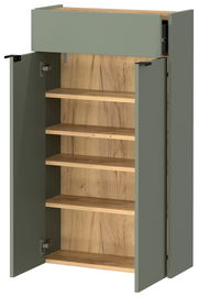 Hängeschuhschrank mit offenen Türen, zeigt mehrere Regalböden aus Holz, Perspektive von vorne