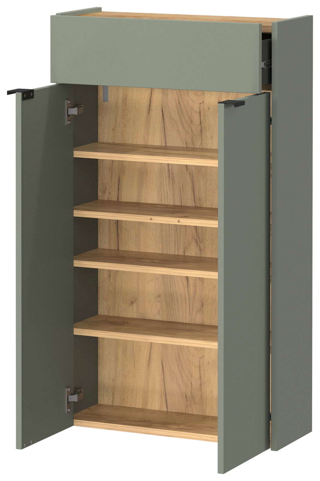 Hängeschuhschrank mit offenen Türen, zeigt mehrere Regalböden aus Holz, Perspektive von vorne