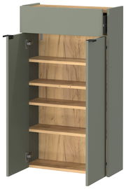 Hängeschuhschrank mit offenen Türen, zeigt mehrere Regalböden aus Holz, Perspektive von vorne