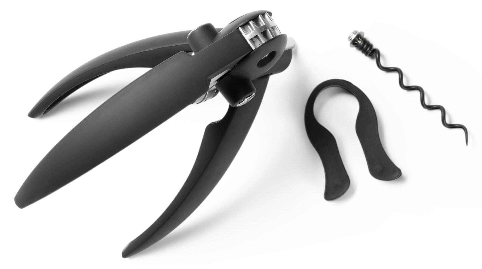 Hebelkorkenzieher mit Folienschneider und Ersatzspirale, seitliche Perspektive