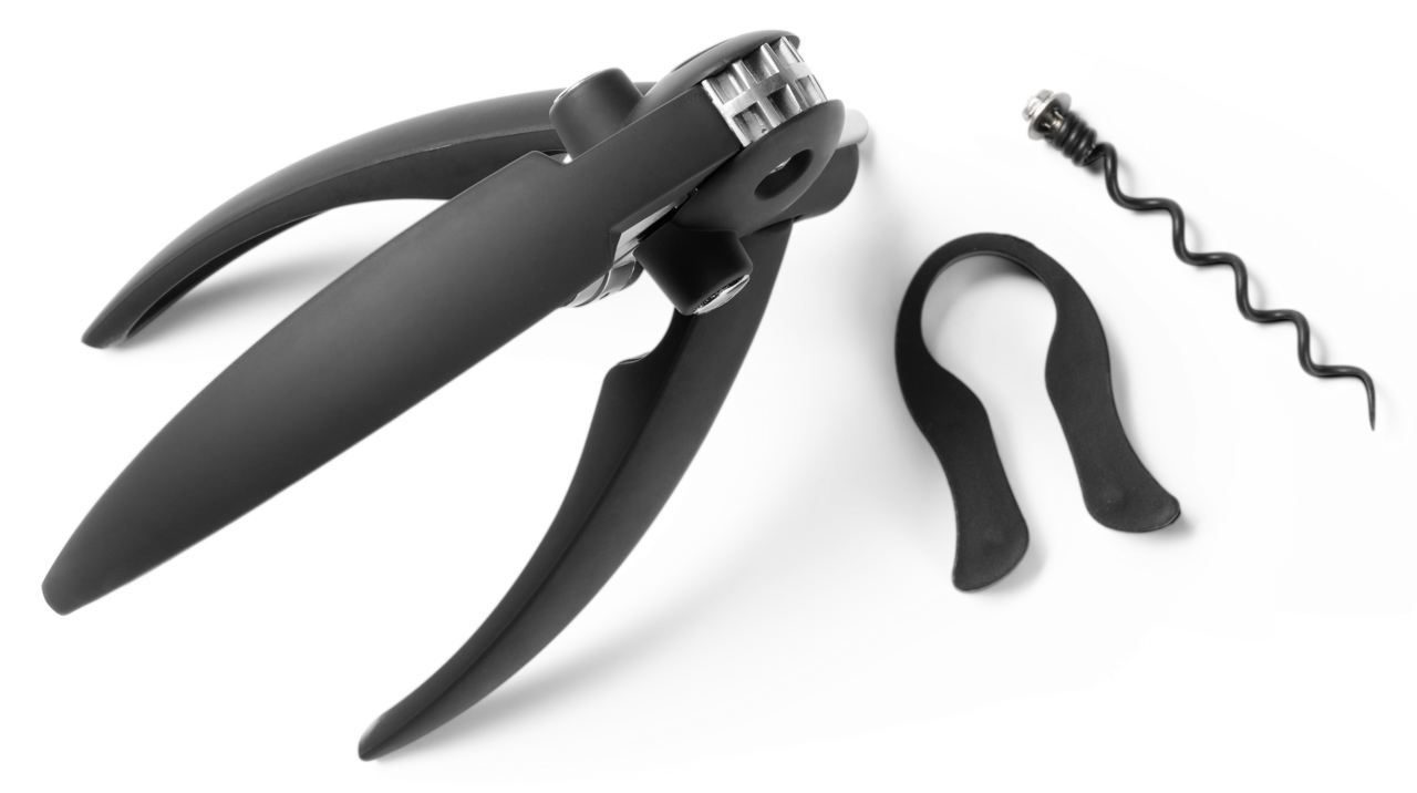 Hebelkorkenzieher mit Folienschneider und Ersatzspirale, seitliche Perspektive