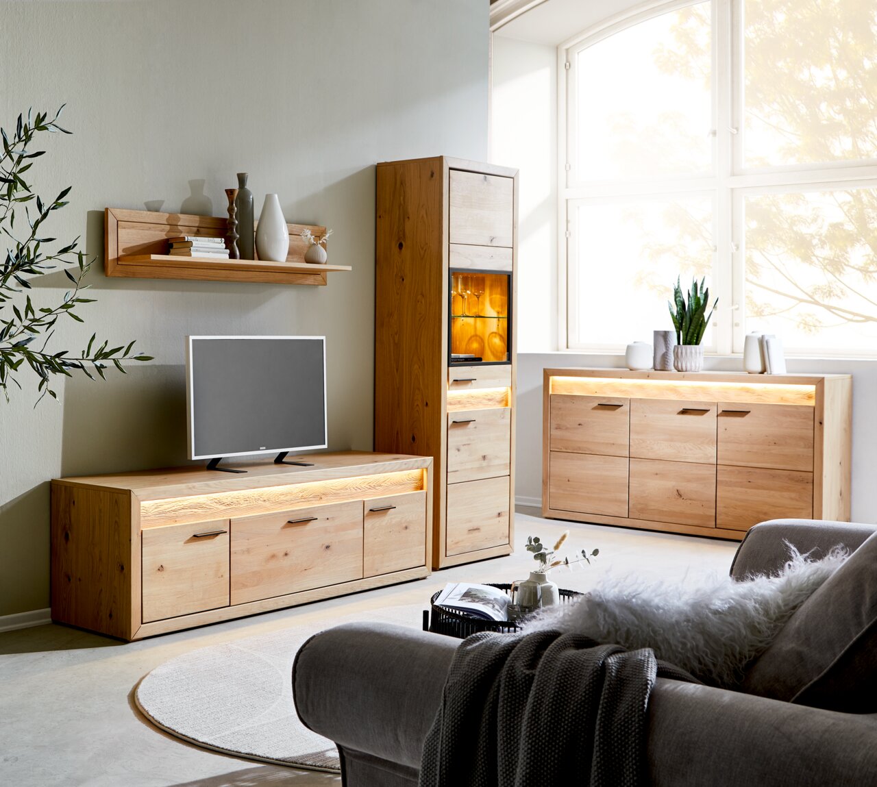 Modernes Lowboard aus Holz in einem stilvoll eingerichteten Wohnzimmer, frontal betrachtet.