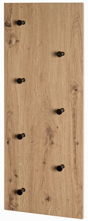 Holzoptik Wandgarderobe mit sechs schwarzen Haken, seitliche Perspektive