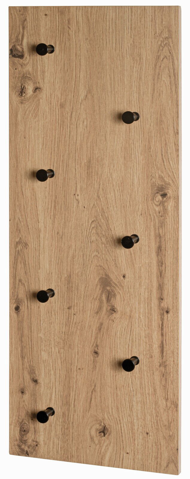 Holzoptik Wandgarderobe mit sechs schwarzen Haken, seitliche Perspektive