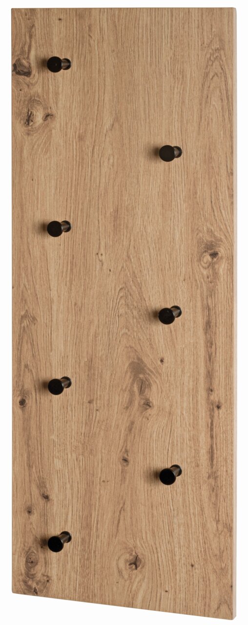 Holzoptik Wandgarderobe mit sechs schwarzen Haken, seitliche Perspektive