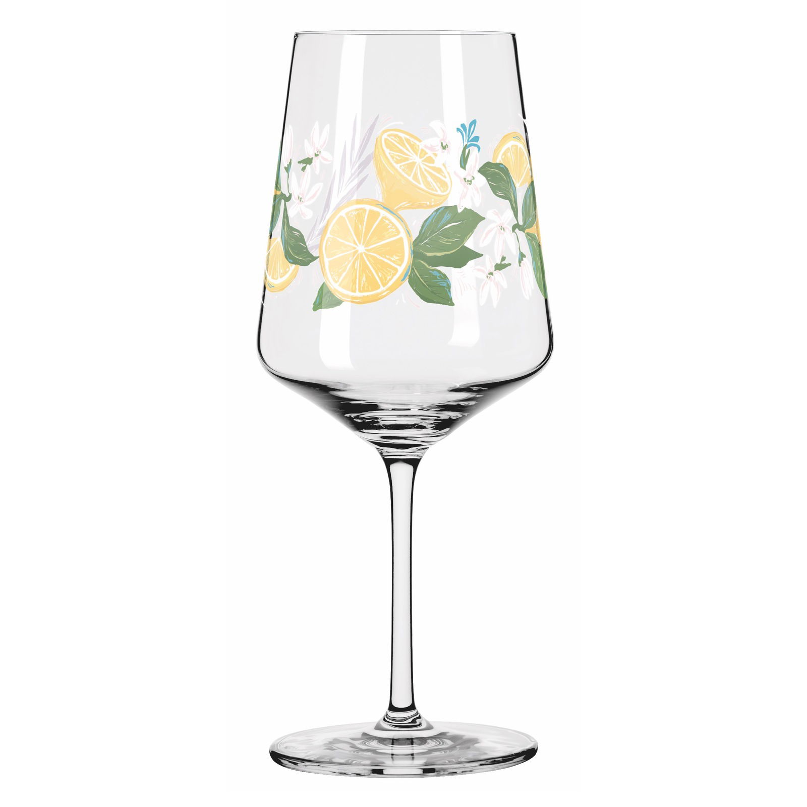 Limoncelloglas mit Zitronen- und Blumenmotiv, seitliche Perspektive