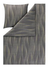 Bettwäsche-Set in Grau mit wellenförmigem Muster, bestehend aus einem Kissenbezug und einem Bettdeckenbezug, von oben fotografiert.