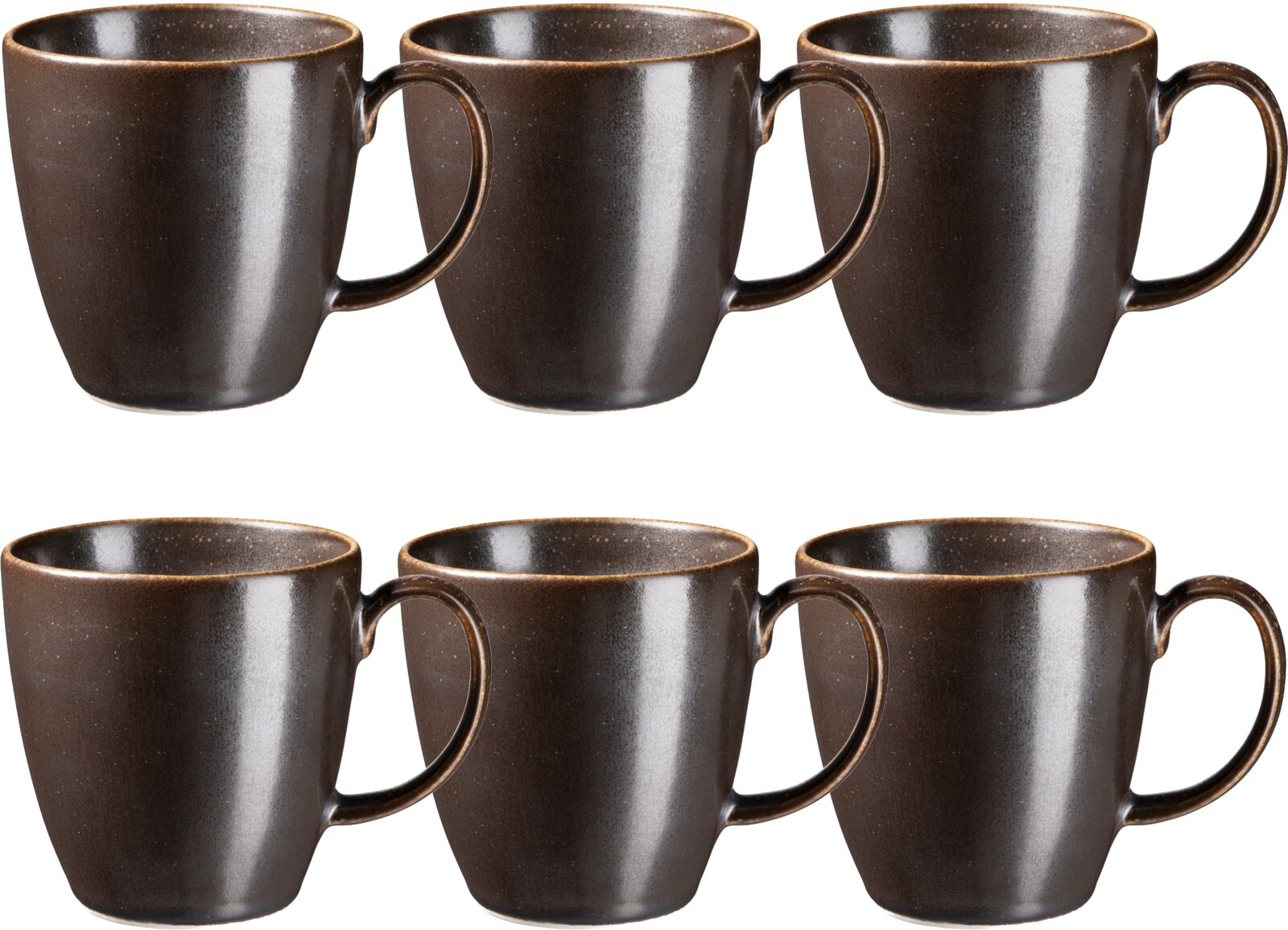 Mäser Kaffeebecher 6er-Set POWERFUL Sechs dunkelbraune, gesprenkelte Keramik-Kaffeebecher mit Henkel in Frontansicht, leicht von oben, freigestellt auf weißem Hintergrund