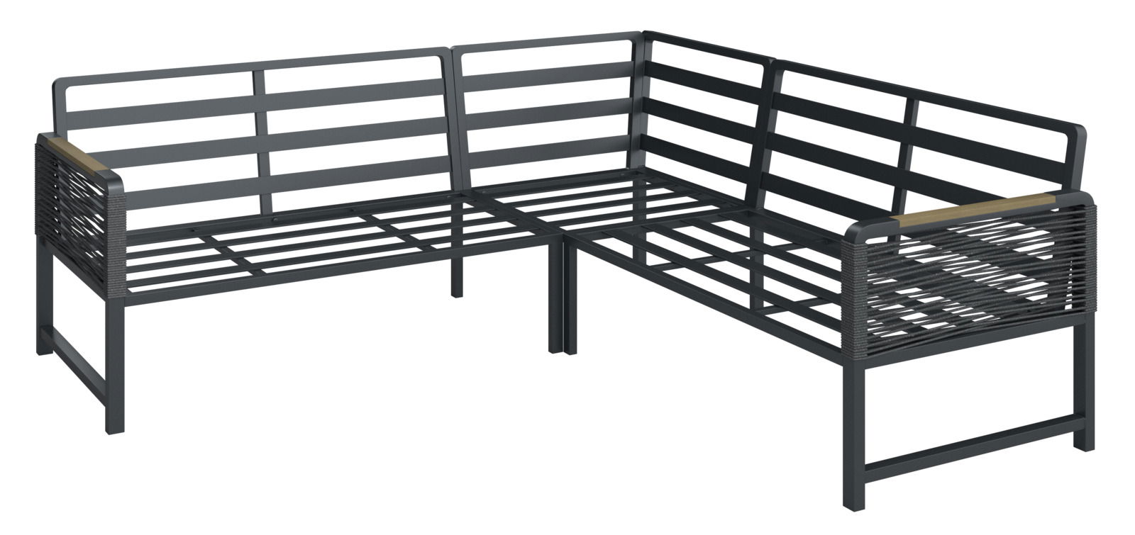 Moderne, schwarze Loungegarnitur aus Metall in L-Form, seitliche Perspektive