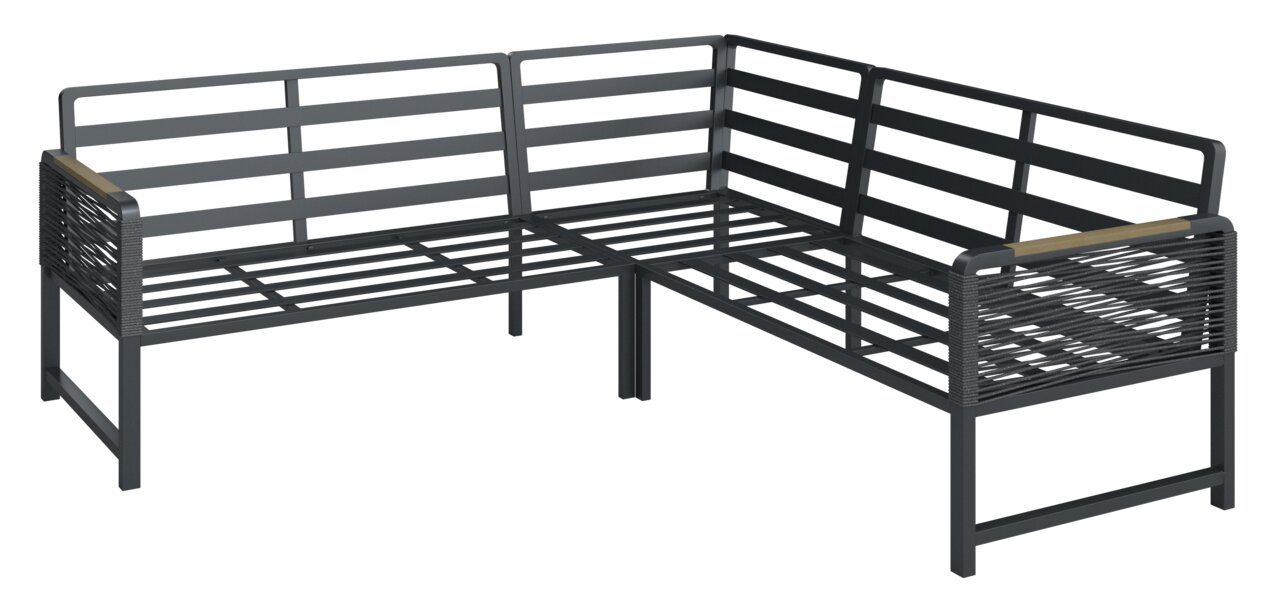 Moderne, schwarze Loungegarnitur aus Metall in L-Form, seitliche Perspektive