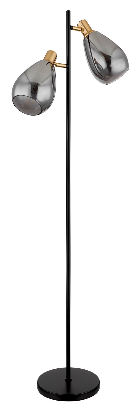 Moderne Stehleuchte mit zwei rauchgrauen Glasschirmen und goldenen Akzenten, seitliche Perspektive