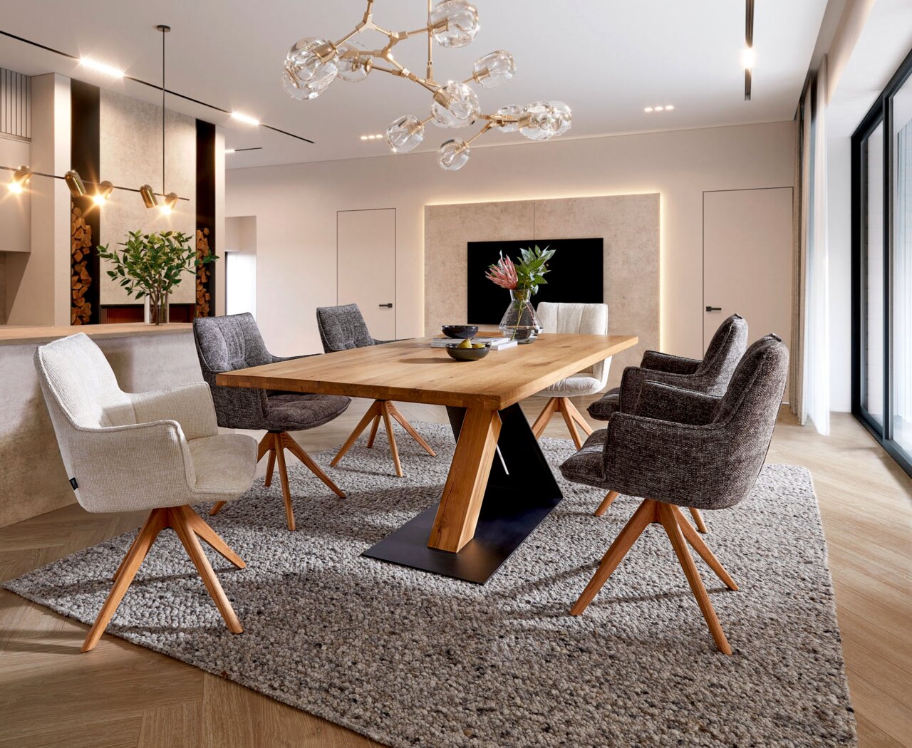 Linea Natura Eettafel 200x100 ZETA Een moderne eethoek met een grote houten tafel en zes gestoffeerde stoelen, gezien vanuit de kamer.