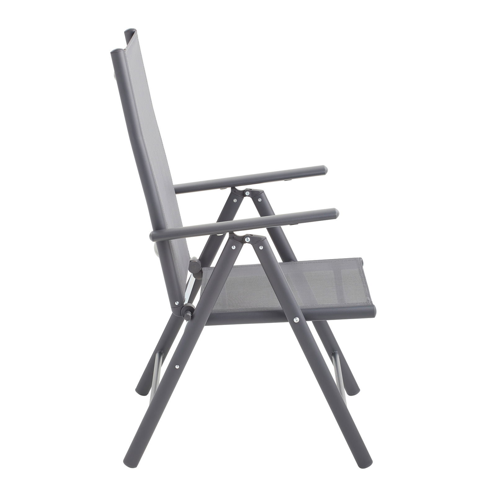 Moderner Gartenstuhl aus Metall in seitlicher Ansicht