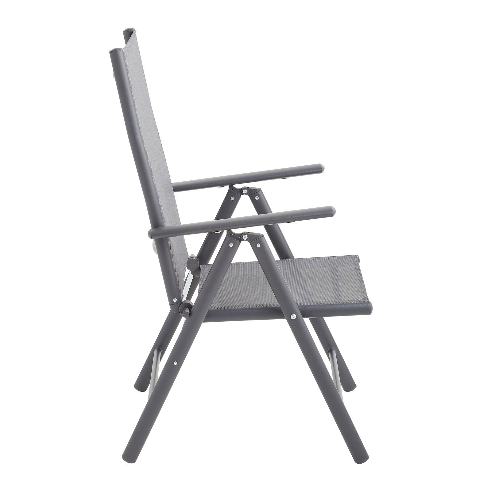 Moderner Gartenstuhl aus Metall in seitlicher Ansicht