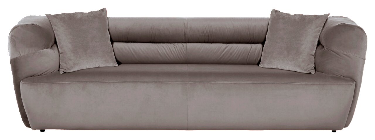 Graues Big-Sofa mit zwei Kissen, frontal fotografiert.