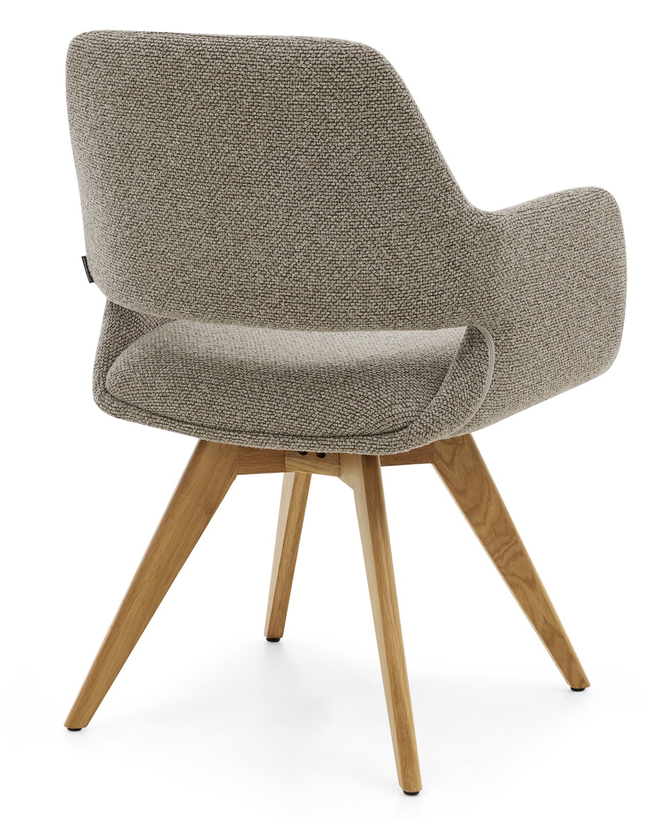 Rückansicht eines Armlehnstuhls mit grauem Stoffbezug und Holzbeinen