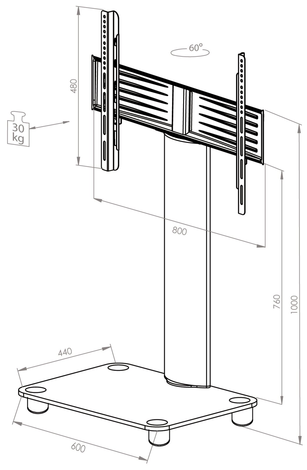 Technische Zeichnung eines freistehenden TV-/Monitor-Ständers mit VESA-Halterung, 60° drehbar und 30 kg Traglast, mit Maßangaben (Basis ca. 600×440 mm, Höhe bis 1000 mm, Halterbreite 800 mm), dargestellt in schräger Seitenansicht (Perspektive)