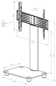 Technische Zeichnung eines freistehenden TV-/Monitor-Ständers mit VESA-Halterung, 60° drehbar und 30 kg Traglast, mit Maßangaben (Basis ca. 600×440 mm, Höhe bis 1000 mm, Halterbreite 800 mm), dargestellt in schräger Seitenansicht (Perspektive)