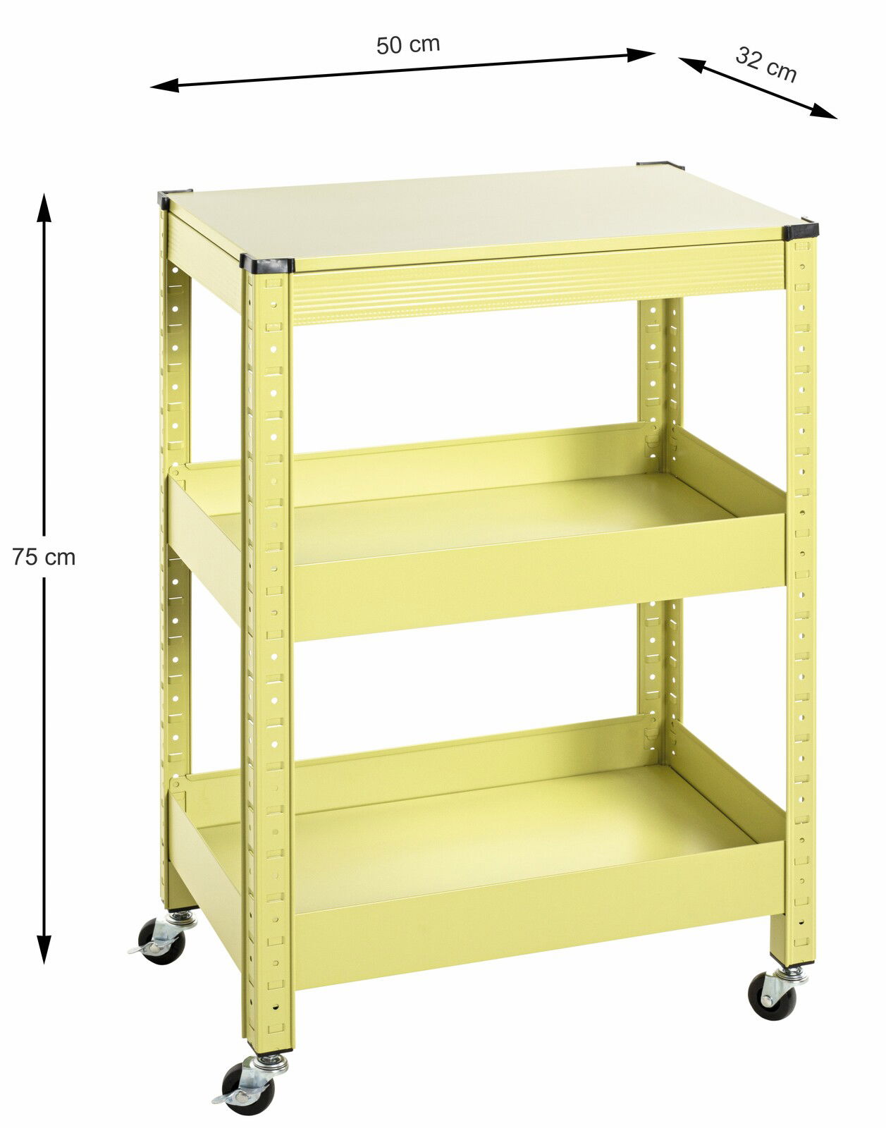 Gelber Servierwagen mit drei Ebenen und Rollen, seitliche Perspektive, Maße 50 cm x 32 cm x 75 cm