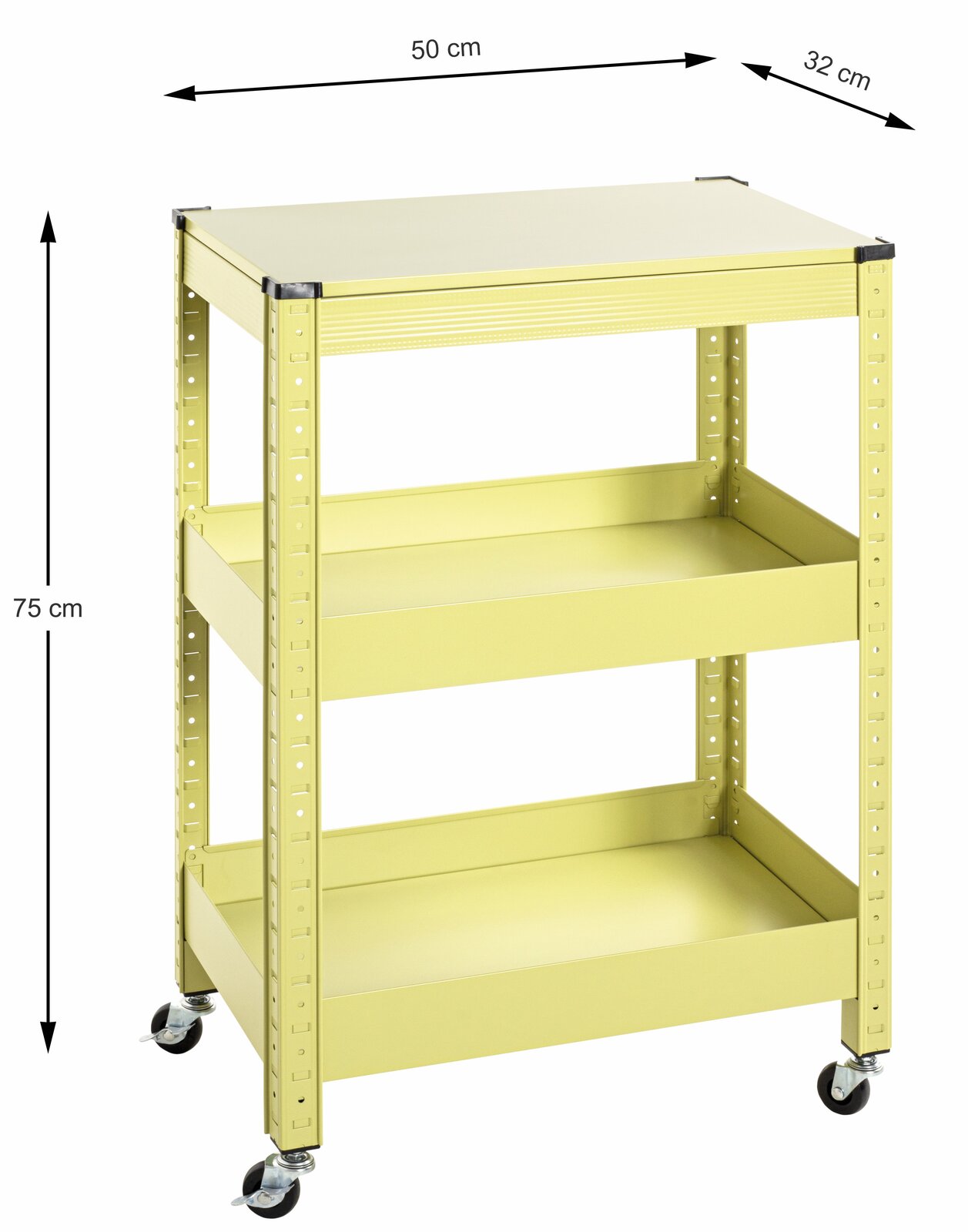 Gelber Servierwagen mit drei Ebenen und Rollen, seitliche Perspektive, Maße 50 cm x 32 cm x 75 cm