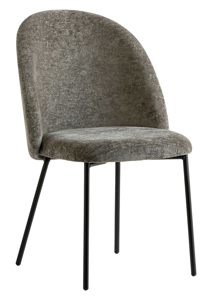 Grauer Stuhl mit gepolsterter Rückenlehne und Sitzfläche, schwarzes Metallgestell, seitliche Perspektive