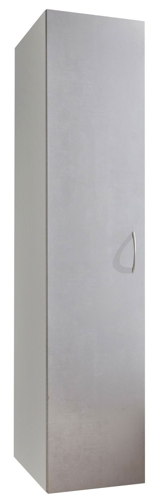 Moderner grauer Kleiderschrank mit einer Tür und silbernem Griff, seitliche Perspektive.