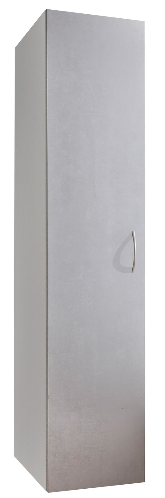 Moderner grauer Kleiderschrank mit einer Tür und silbernem Griff, seitliche Perspektive.