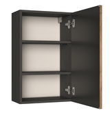 Geöffneter Hängeschrank mit zwei Einlegeböden, dunkles Holzdesign, Perspektive von vorne rechts