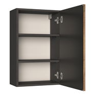 Geöffneter Hängeschrank mit zwei Einlegeböden, dunkles Holzdesign, Perspektive von vorne rechts