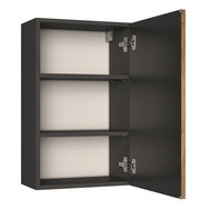 Geöffneter Hängeschrank mit zwei Einlegeböden, dunkles Holzdesign, Perspektive von vorne rechts