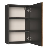 Geöffneter Hängeschrank mit zwei Einlegeböden, dunkles Holzdesign, Perspektive von vorne rechts