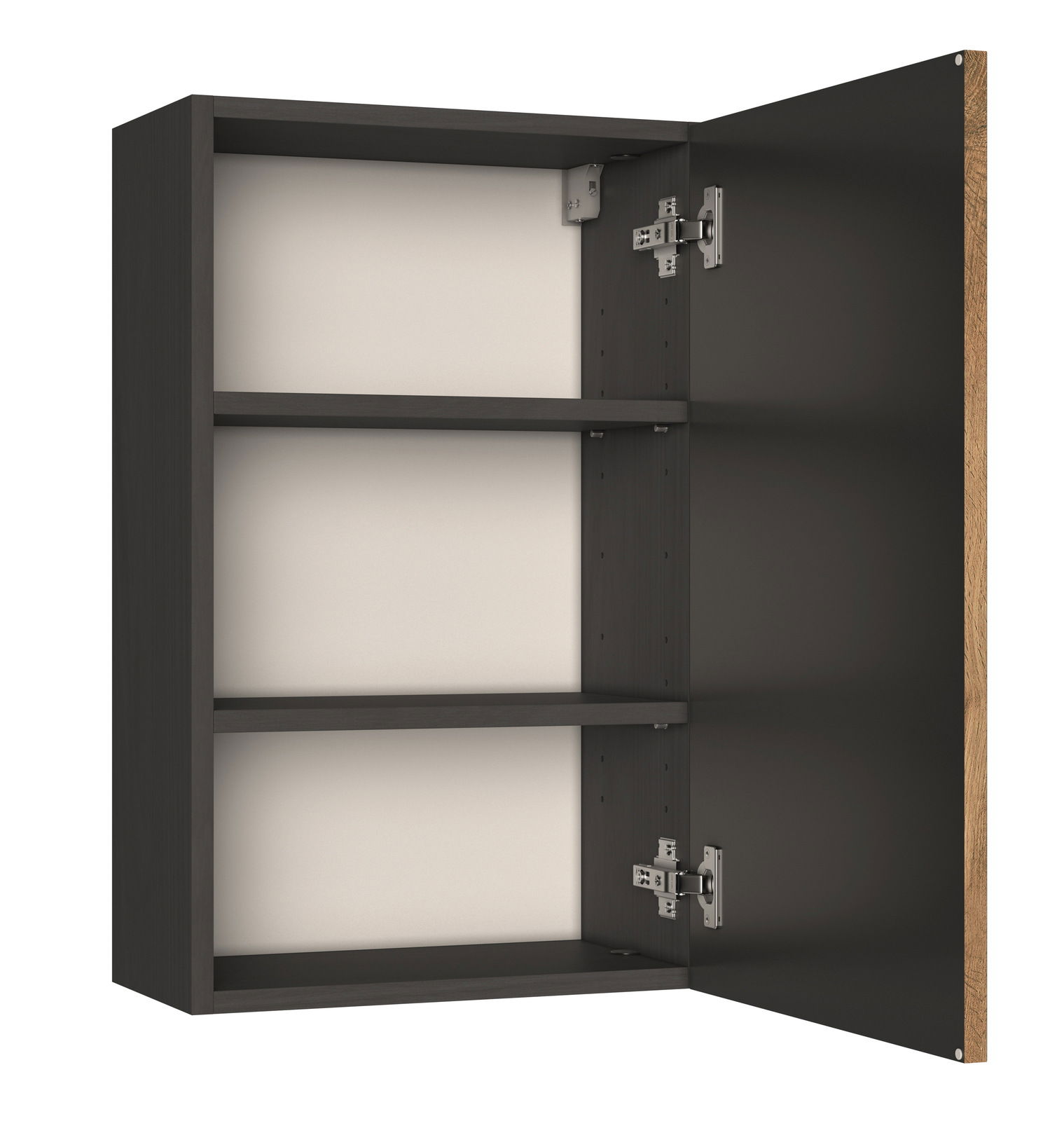 Geöffneter Hängeschrank mit zwei Einlegeböden, dunkles Holzdesign, Perspektive von vorne rechts