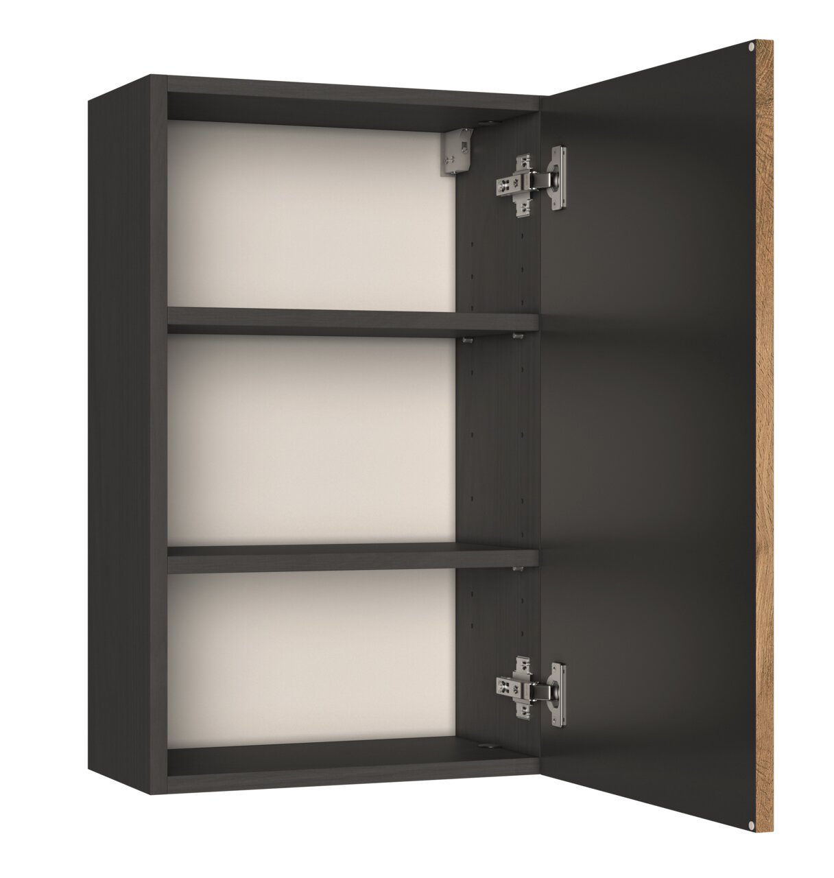 Geöffneter Hängeschrank mit zwei Einlegeböden, dunkles Holzdesign, Perspektive von vorne rechts
