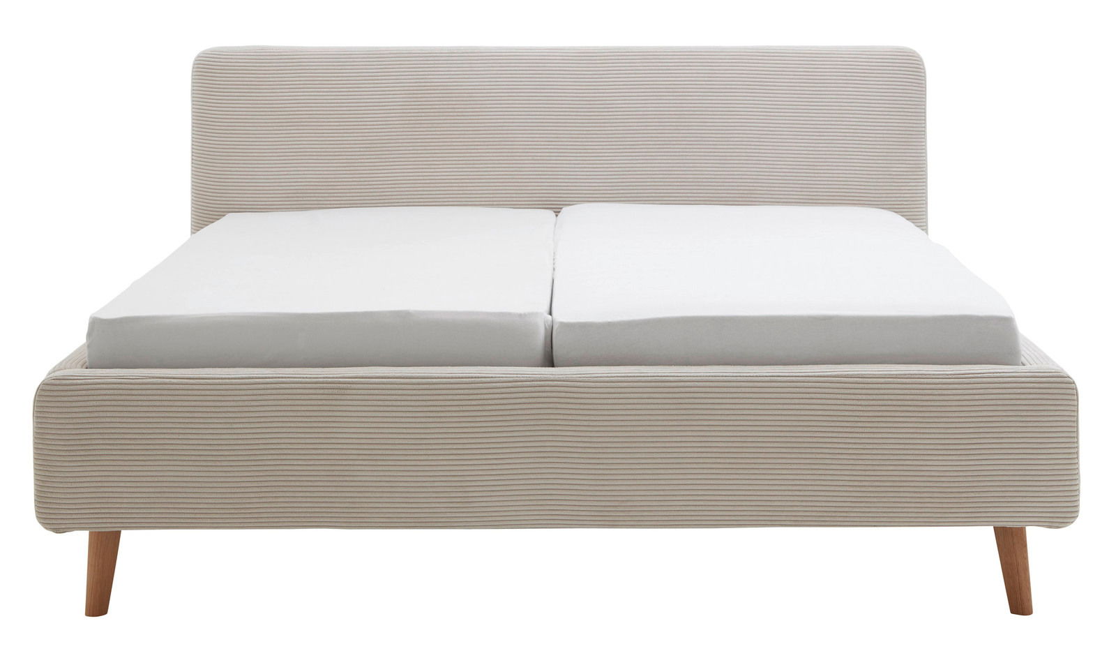 Frontale Ansicht eines Polsterbettgestells mit hellgrauem Stoffbezug und Holzfüßen.