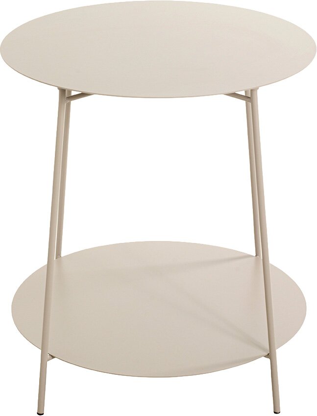 Runder, zweistöckiger Beistelltisch in Beige mit Metallgestell und unterer Ablage, frontal in leichter Aufsicht freigestellt auf weißem Hintergrund
