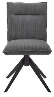 Grauer Stuhl mit geripptem Stoffbezug und schwarzem Metallgestell, Frontalansicht