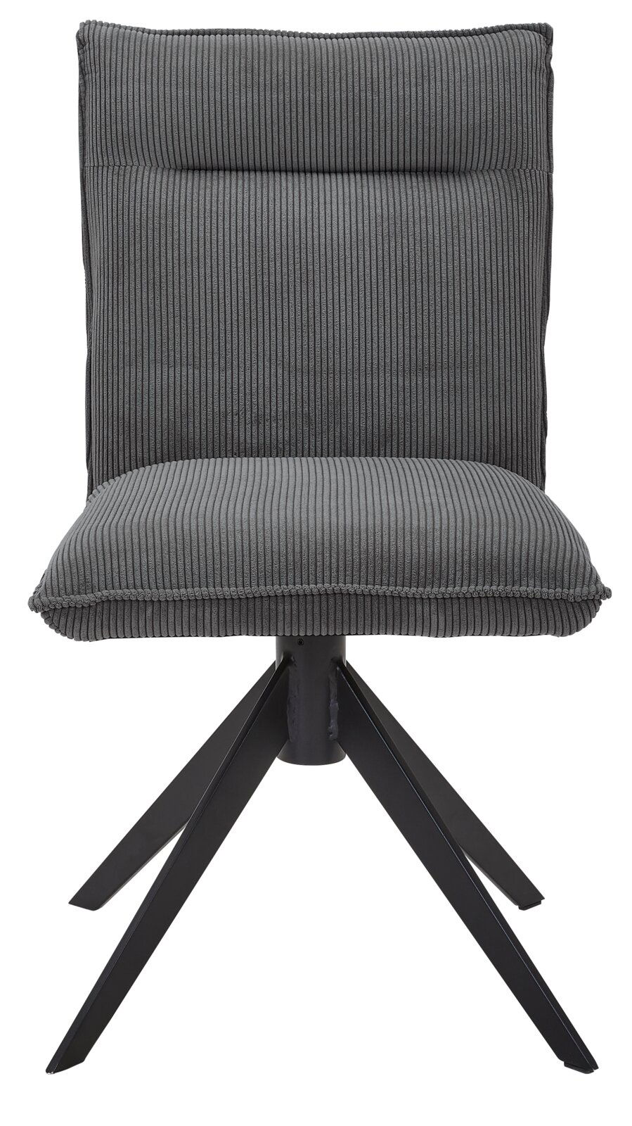Grauer Stuhl mit geripptem Stoffbezug und schwarzem Metallgestell, Frontalansicht