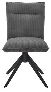 Grauer Stuhl mit geripptem Stoffbezug und schwarzem Metallgestell, Frontalansicht