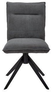 Grauer Stuhl mit geripptem Stoffbezug und schwarzem Metallgestell, Frontalansicht