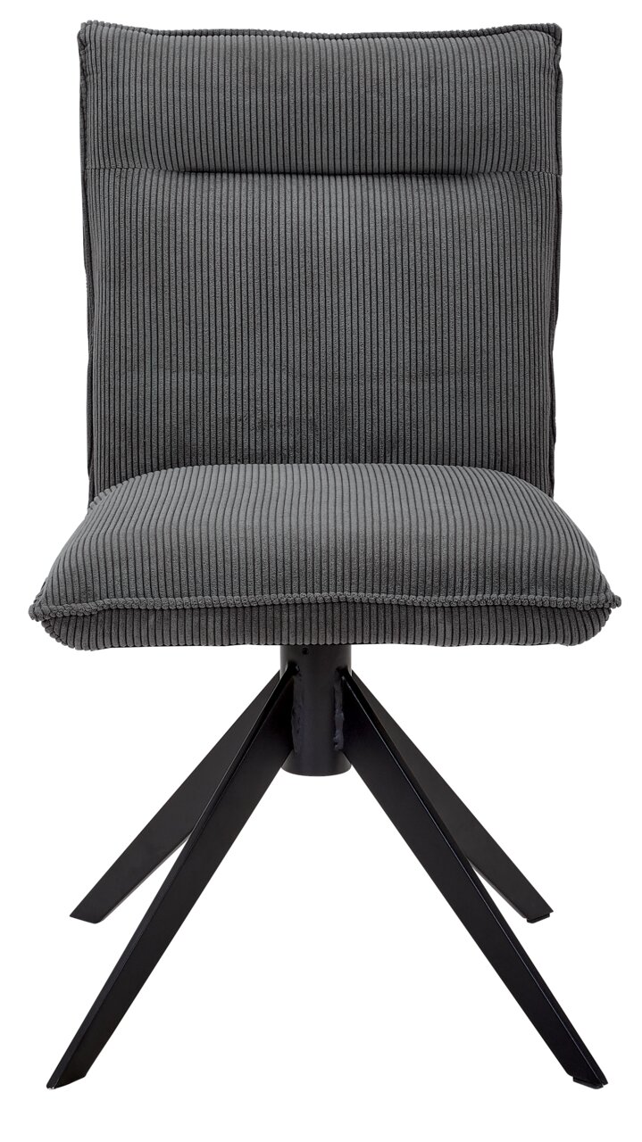 Grijze stoel met geribbelde stoffen bekleding en een zwart metalen frame, vooraanzicht