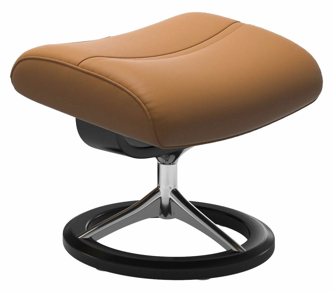 Moderner Stressless Hocker PHILIP in braunem Leder mit verchromtem Fuß, seitliche Perspektive