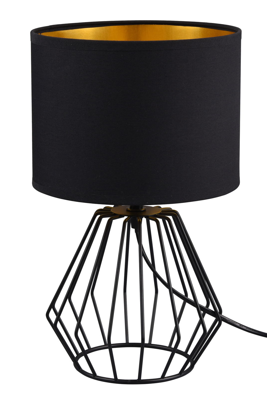 Moderne Tischleuchte mit schwarzem Stoffschirm und geometrischem Metallfuß, seitliche Perspektive
