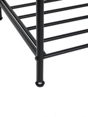 Detailaufnahme eines schwarzen Metallregal- oder Gestellbeins mit Querstreben und verstellbarem Standfuß, schräg von der Seite fotografiert