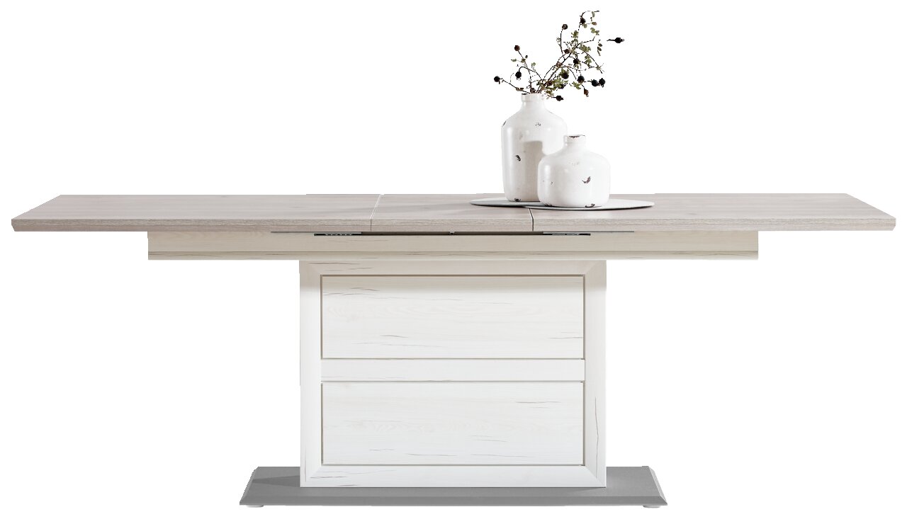 Moderner Funktions-Esstisch CAMRON in heller Holzoptik, frontal fotografiert, mit zwei weißen Vasen und einem dekorativen Zweig darauf.