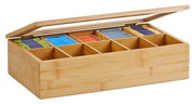Offene Teebeutelbox aus Holz mit mehreren Fächern, gefüllt mit bunten Teebeuteln, seitliche Perspektive