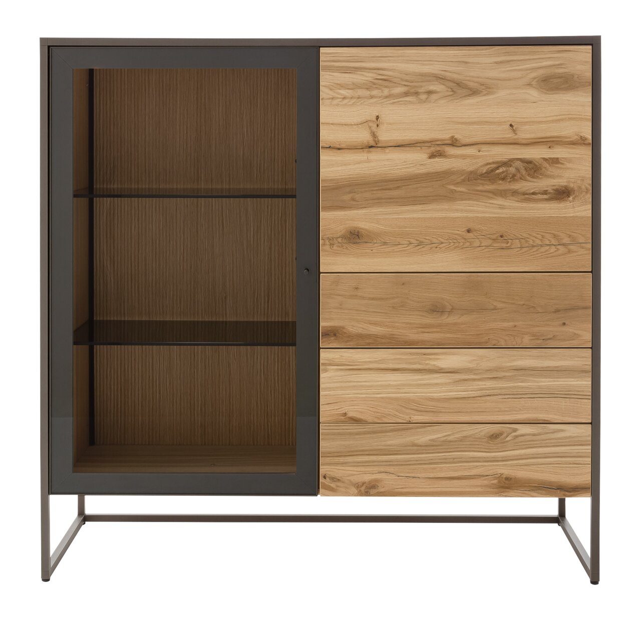 Venjakob Hoog dressoir TAGENA Vooraanzicht van een modern hoogkast met een combinatie van hout en glas, links met glazen deur en planken, rechts met houten lades.