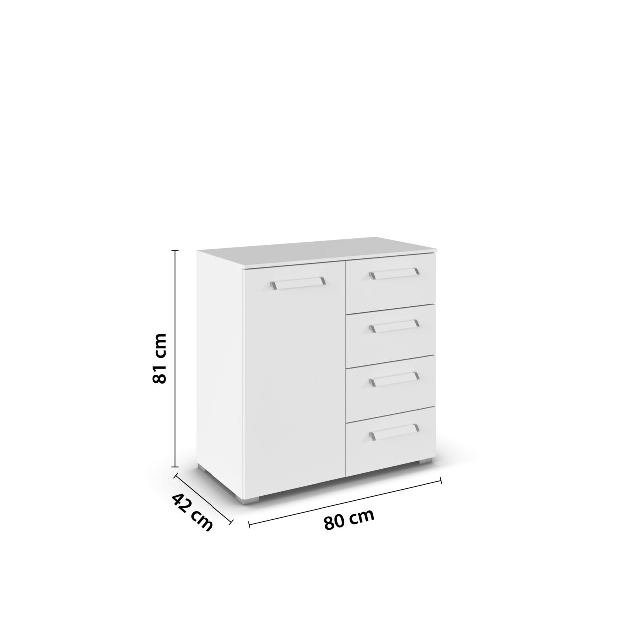Weiße Kommode mit vier Schubladen und einer Tür, Abmessungen 81 cm hoch, 80 cm breit, 42 cm tief, Perspektive von vorne rechts