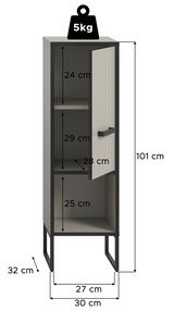 Standschrank mit drei Fächern, teilweise geöffnete Tür, Maße: 101 cm hoch, 30 cm breit, 32 cm tief, Frontansicht